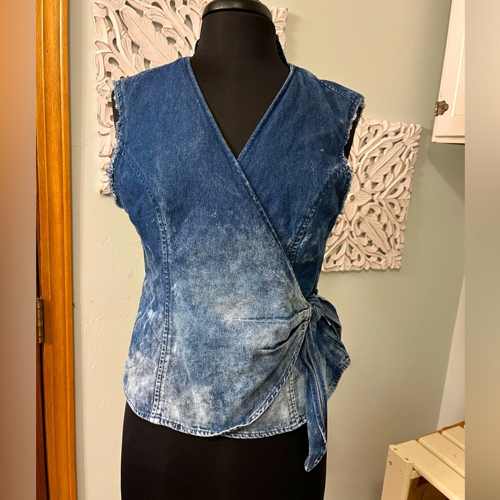 True Blue denim shirt size M.  Bleach distressed, wrap shirt. One of a kind.